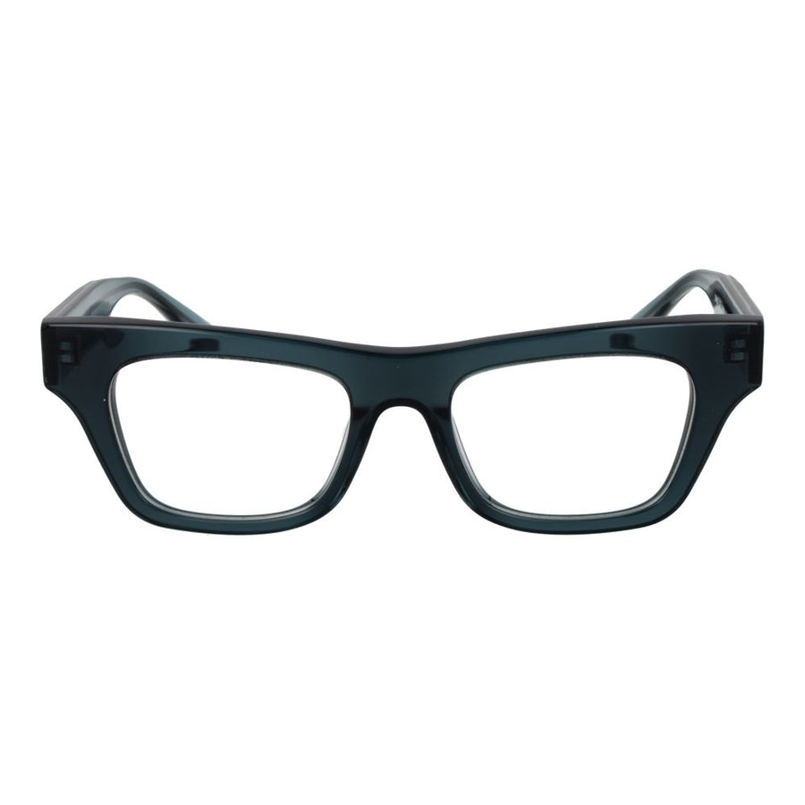 Trussardi dark blue acetate eyeglass frames with chunky rectangular lenses and metallic temple branding