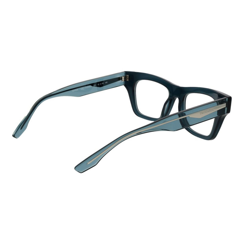 Blue acetate glasses frames with thick rims and silver logo detail on the temples