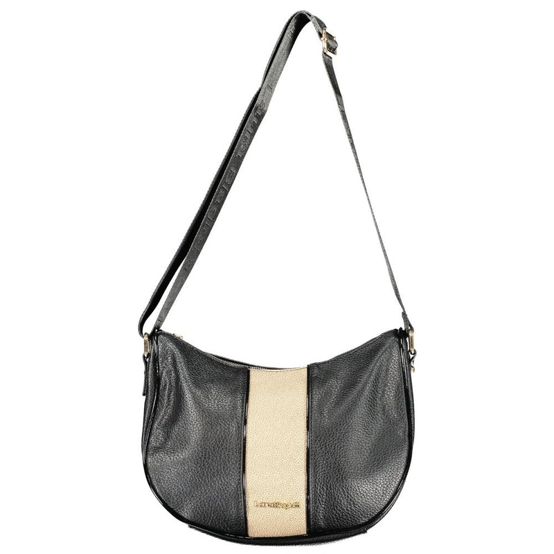 Black textured PVC hobo shoulder bag with a central vertical beige stripe and long strap