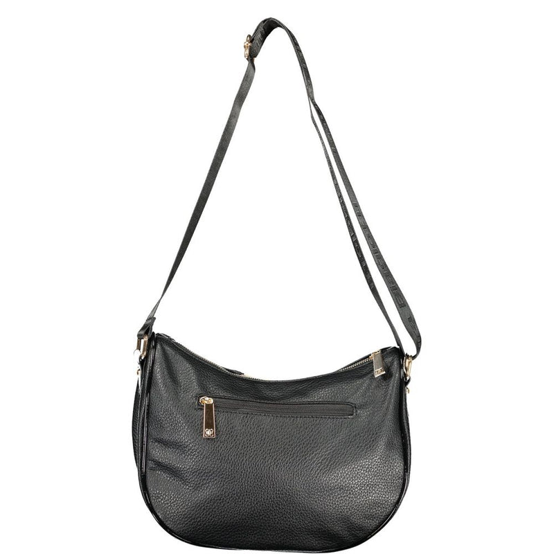 Black textured PVC crossbody handbag with a long adjustable strap and gold hardware accents