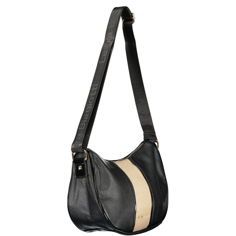 Black PVC women's handbag with a structured shoulder strap and gold center stripe