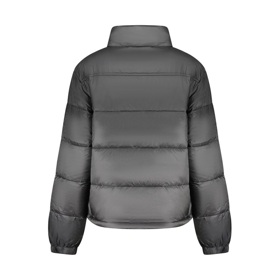 Black polyester women's puffer jacket with a high collar and full zip closure