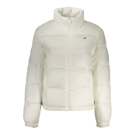 White polyester women's puffer jacket with a high collar and front zipper