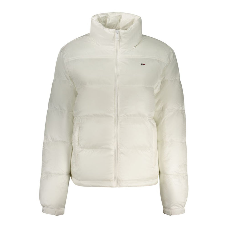 White polyester women's puffer jacket with a high collar and front zipper