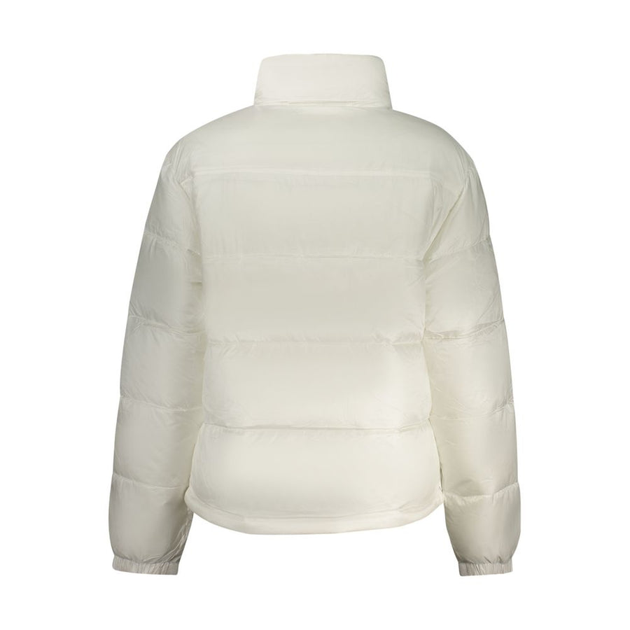 White polyester women's puffer jacket with a high collar and front zipper