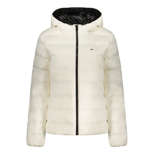 White quilted polyester women's puffer jacket with black zipper and hood
