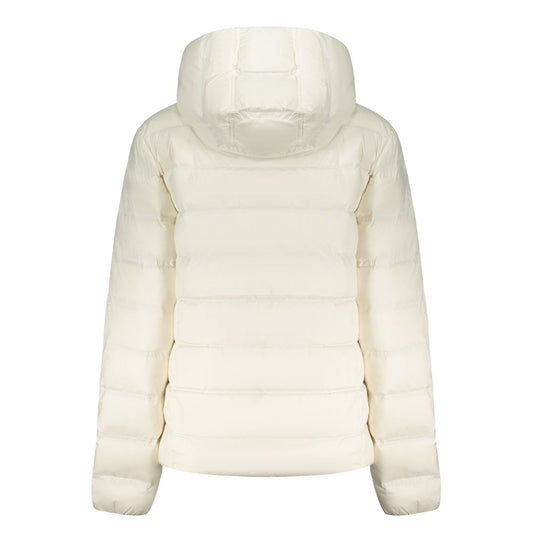 White polyester women's puffer jacket with a hood viewed from the back