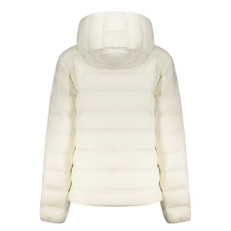 White polyester women's puffer jacket with a hood viewed from the back