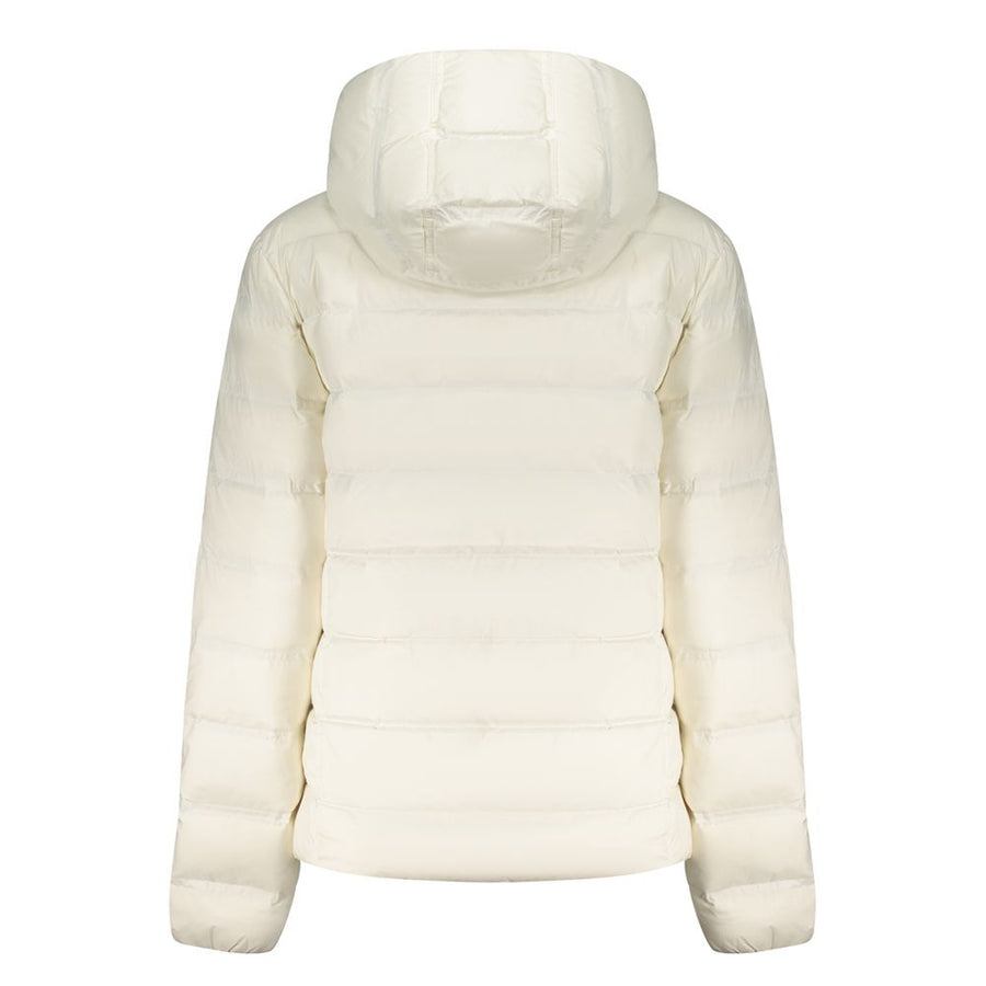 White quilted polyester women's puffer jacket with black zipper and hood