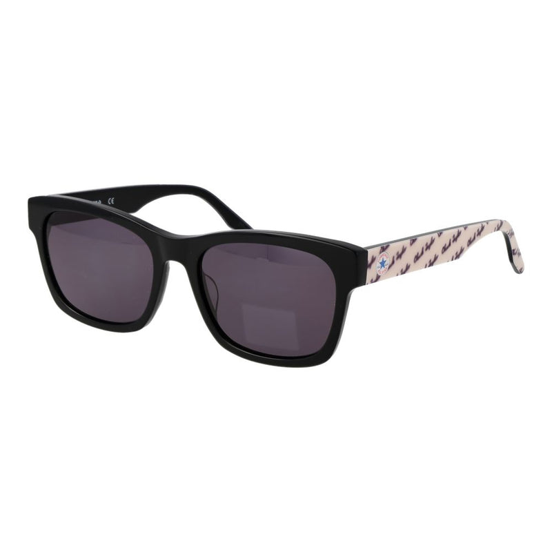 Black acetate sunglasses with dark tinted lenses and patterned temples featuring cursive writing