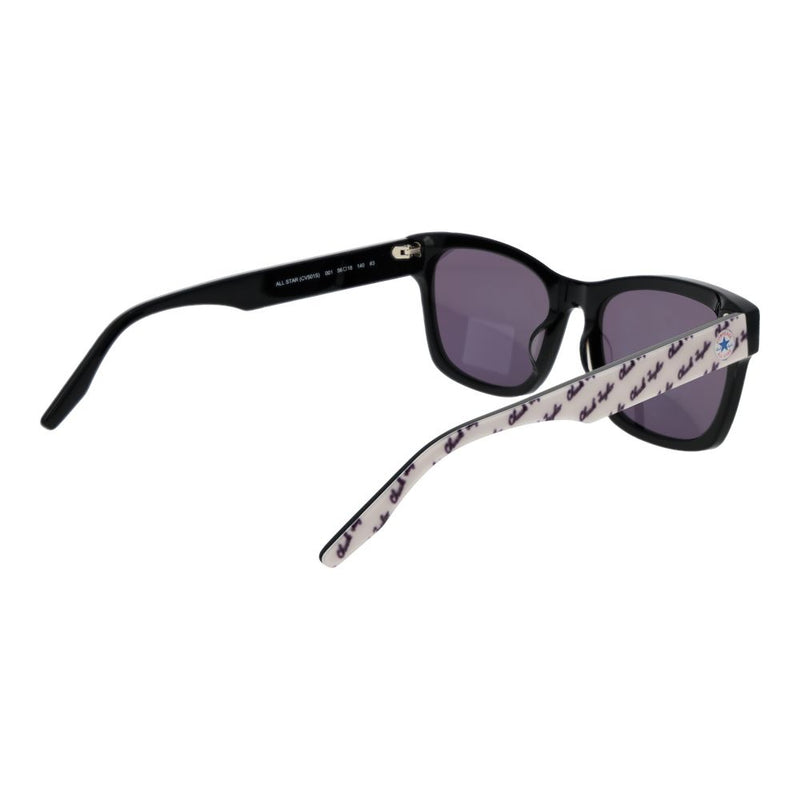 Black acetate sunglasses with patterned arms and dark tinted lenses