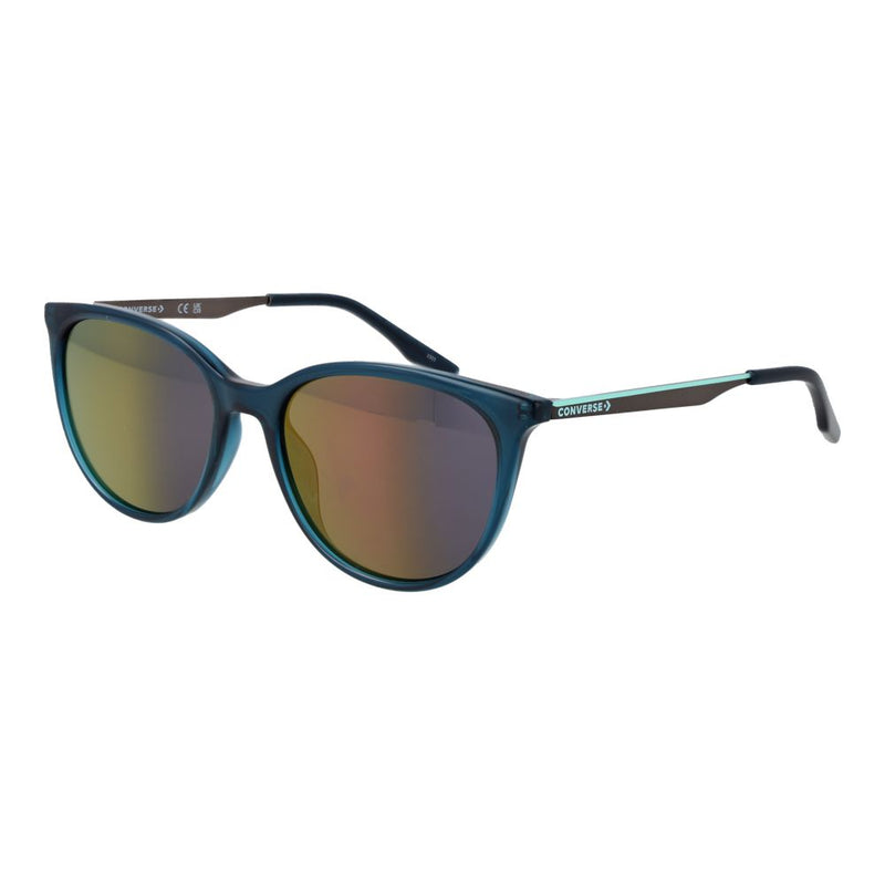 Turquoise cat-eye sunglasses with metal temples and mirrored lenses