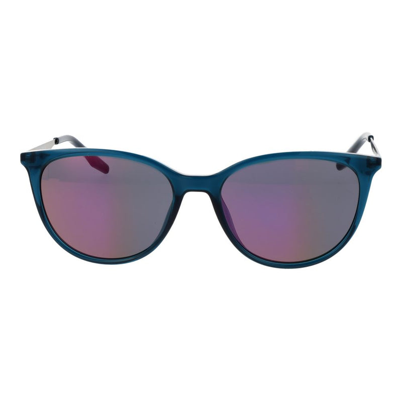 Turquoise frame sunglasses with purple lenses