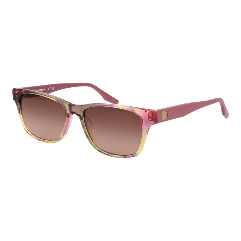 Pink and yellow acetate sunglasses with square frames and gradient brown lenses