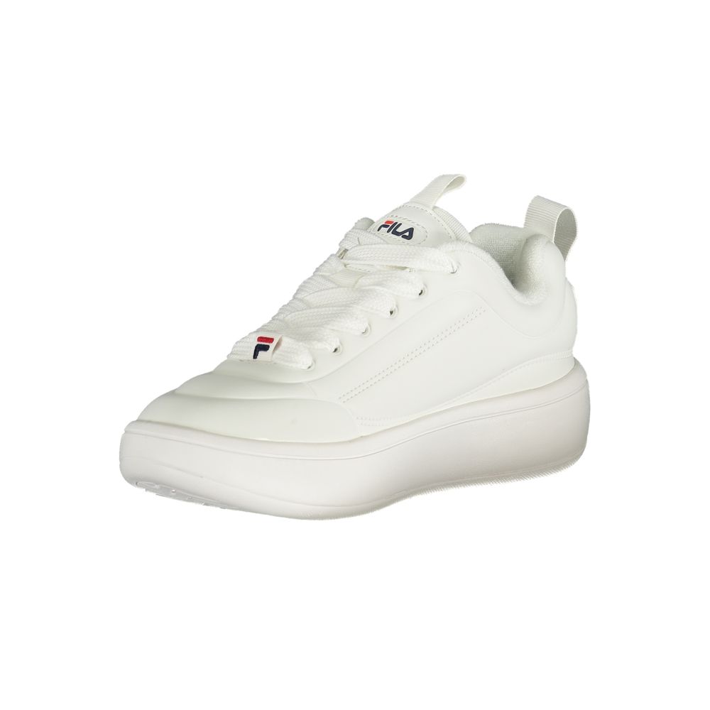Fila women’s white polyurethane platform sneaker with matching laces and red and navy logo branding.