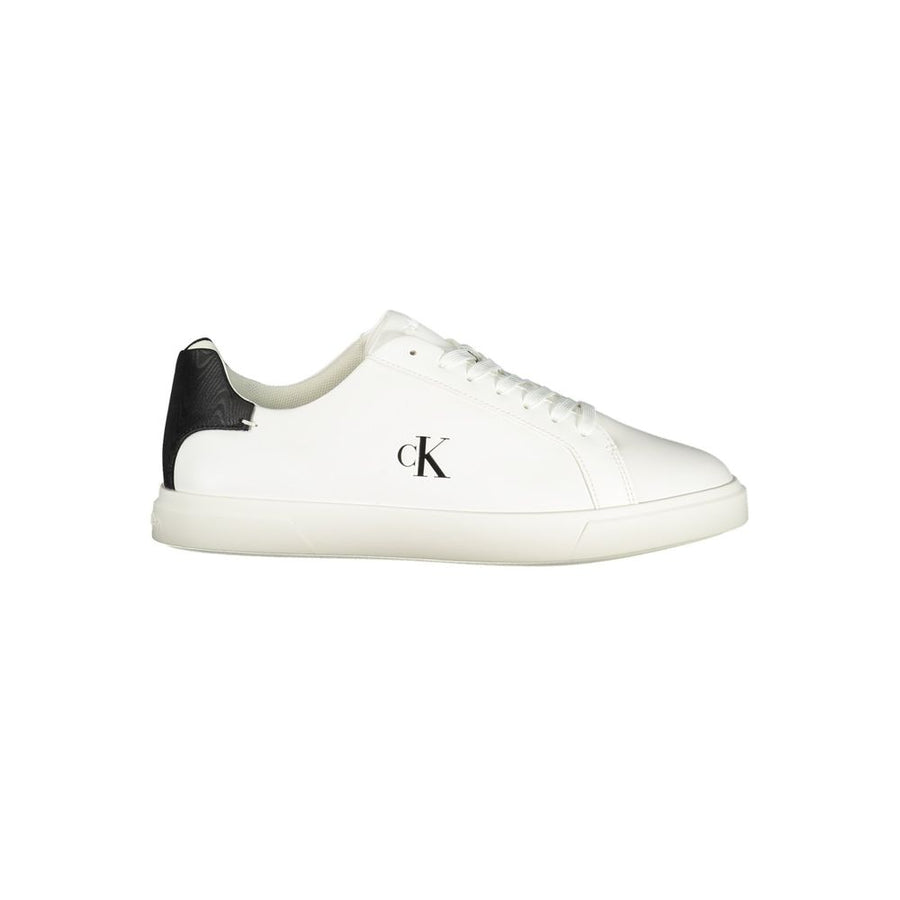 White polyurethane Calvin Klein Bianco women's sneaker with black heel tab and logo side detail.