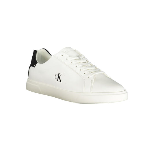 Calvin Klein white polyurethane women's sneaker with black heel detail and CK logo.