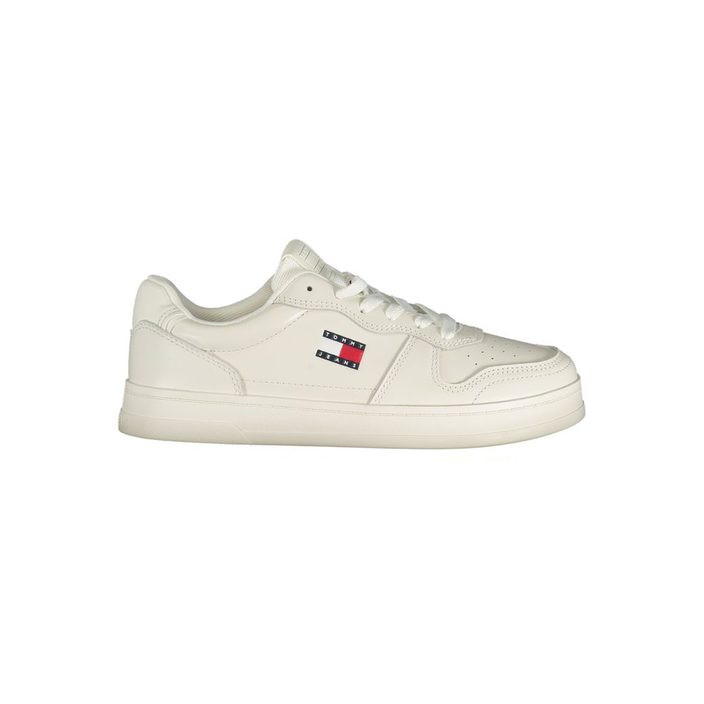 White Tommy Hilfiger polyurethane low-top women's sneaker with side logo detail.