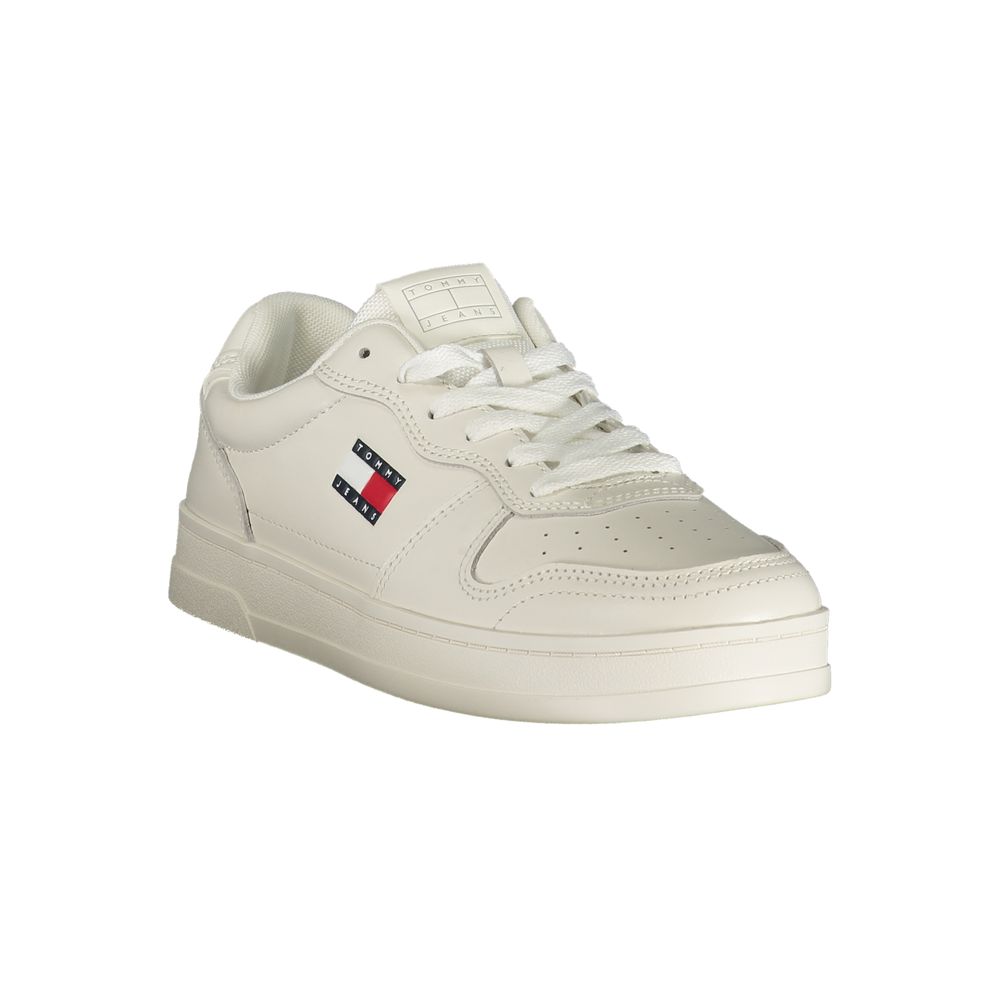 White Tommy Hilfiger polyurethane women's lace-up sneaker with logo branding.