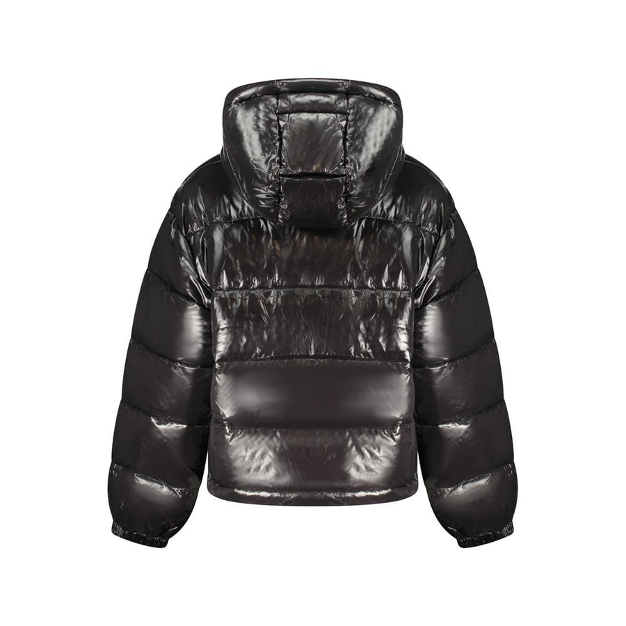 Shiny black quilted polyester puffer jacket with a hood for women