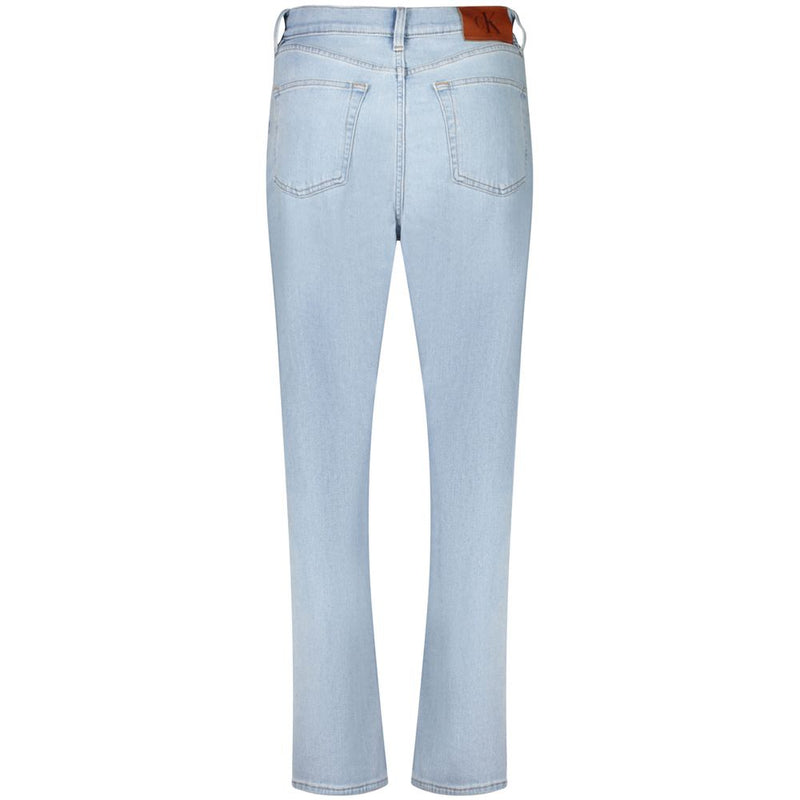 Light blue cotton women jeans from behind showing back pockets and leather waistband patch
