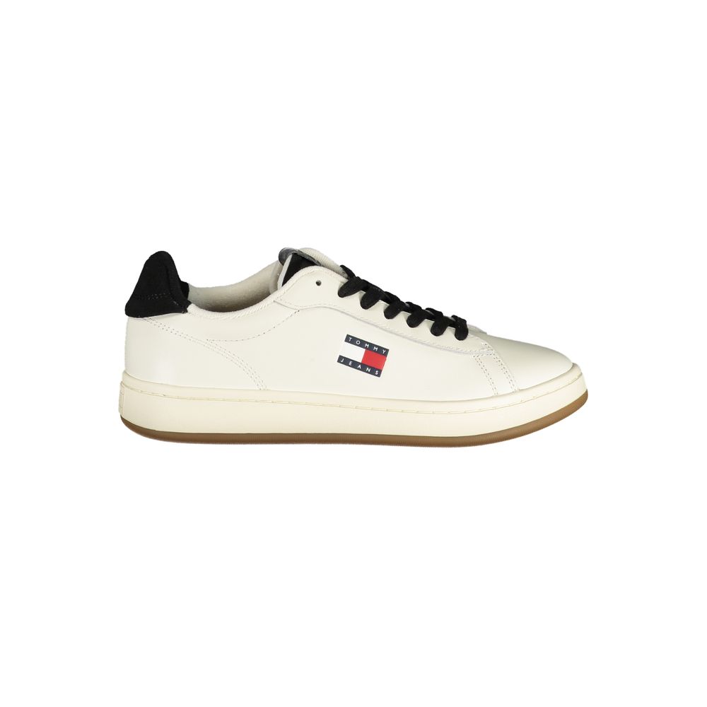 Tommy Hilfiger white polyurethane low-top women's sneaker with black laces, heel tab, and side logo.