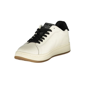 Tommy Hilfiger white polyurethane women's sneaker with black laces and a classic, casual low-top design.