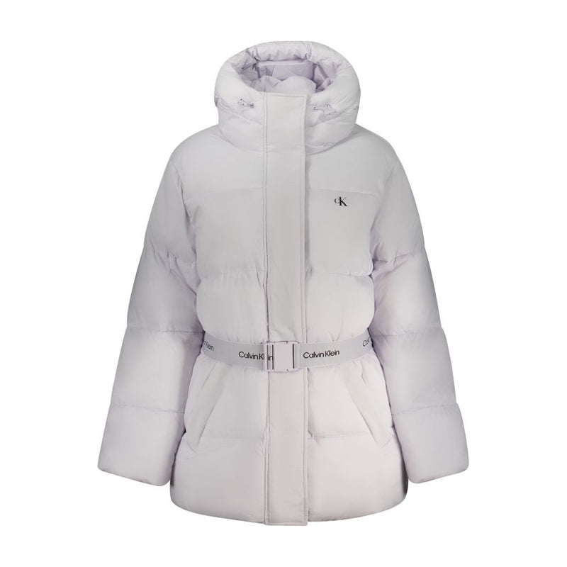 Light purple nylon puffer jacket with a high collar, branded belt, and snap-button placket