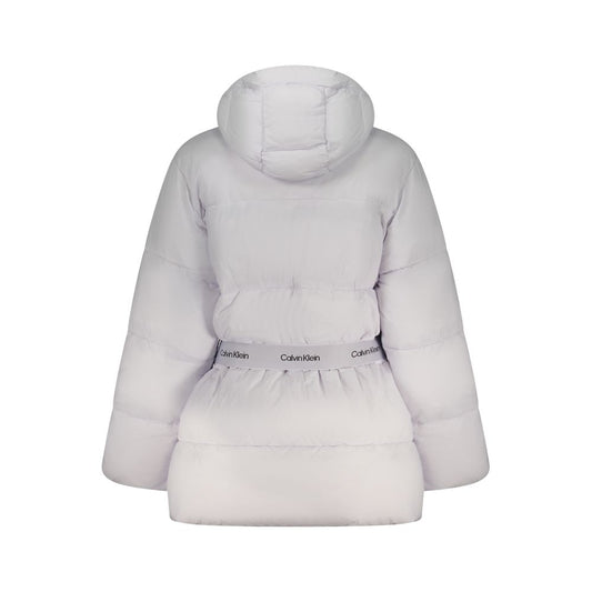 Light purple nylon puffer jacket with a hood and branded waist belt