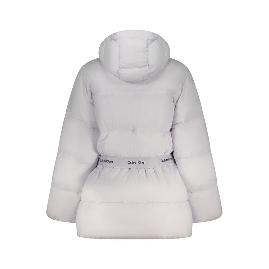 Light purple nylon puffer jacket with a high collar, branded belt, and snap-button placket