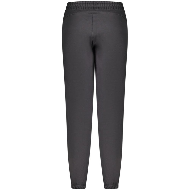 Back view of black cotton women's sport trousers with elastic waistband and cuffs