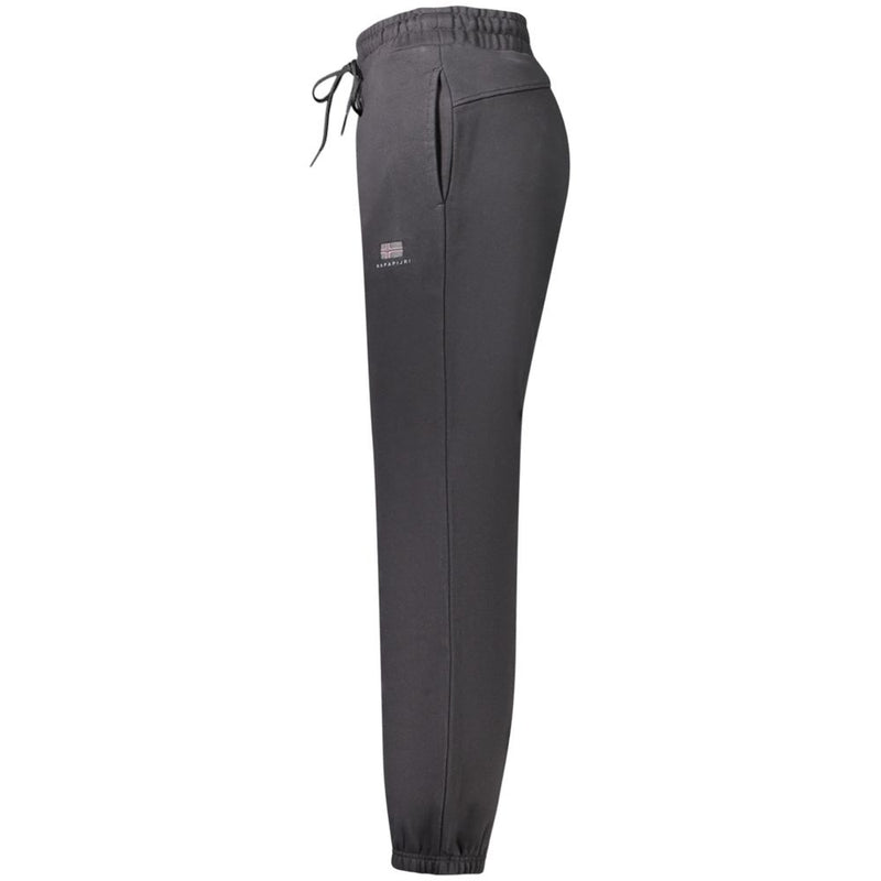 Black cotton women's sport trouser with drawstring waist and cuffed hem seen from the side