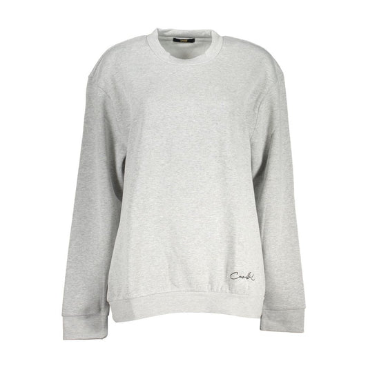 Grey polyester women's crewneck sweatshirt with long sleeves and black script logo