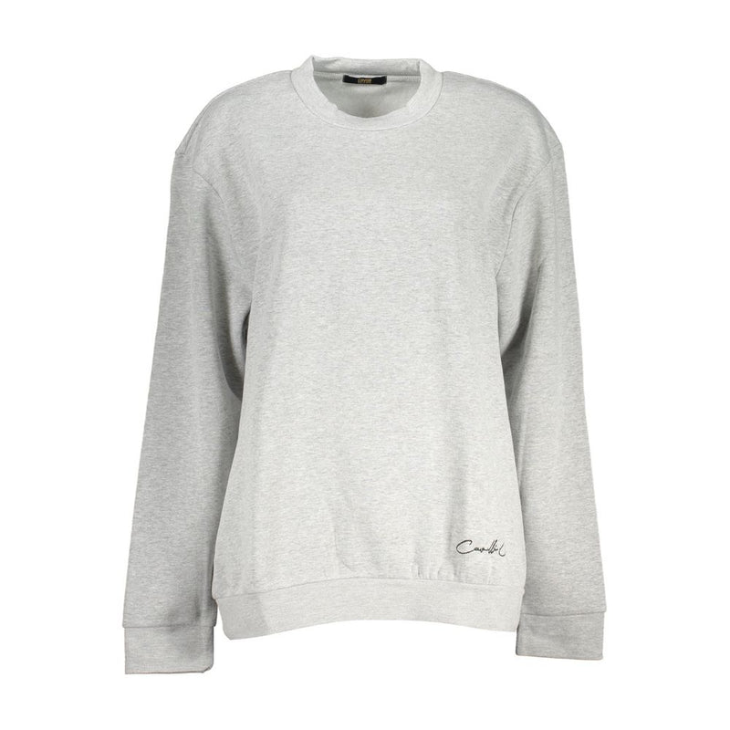 Grey polyester women's crewneck sweatshirt with long sleeves and black script logo