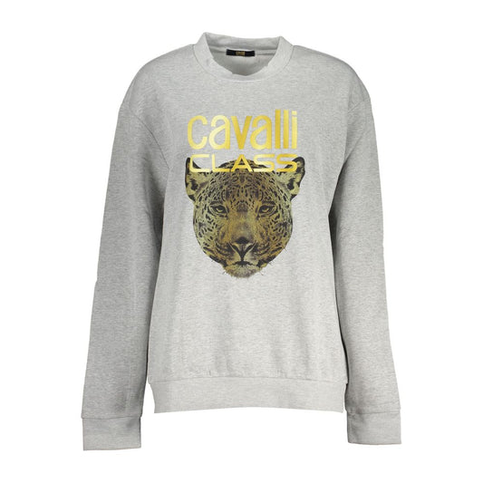 Grey polyester crewneck sweatshirt featuring a gold leopard face graphic and logo on the chest