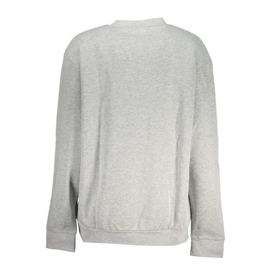 Grey polyester crewneck sweatshirt featuring a gold leopard face graphic and logo on the chest