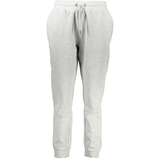 Light grey polyester women's jogger trousers with a drawstring waistband and cuffed ankles