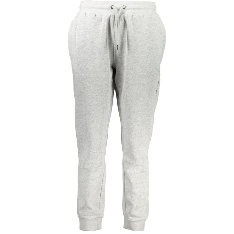 Light grey polyester women's jogger trousers with a drawstring waistband and cuffed ankles