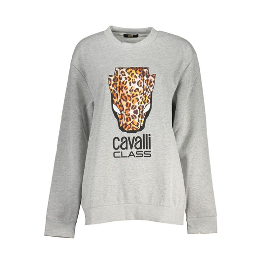 Grey polyester women sweatshirt with a leopard print graphic and logo on the chest