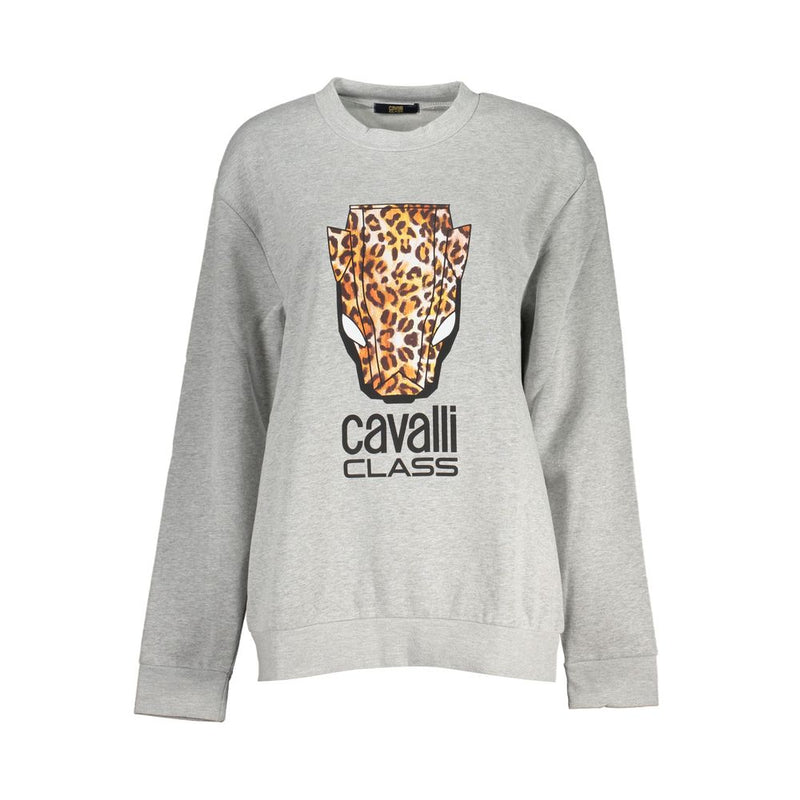 Grey polyester women sweatshirt with a leopard print graphic and logo on the chest