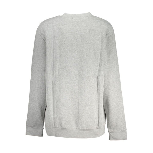 Back view of a grey polyester women sweatshirt with a classic crew neck and long sleeves