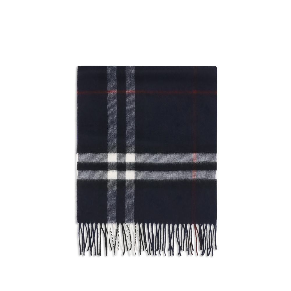 Burberry blue cashmere scarf with black, white, and red check pattern and fringed ends.