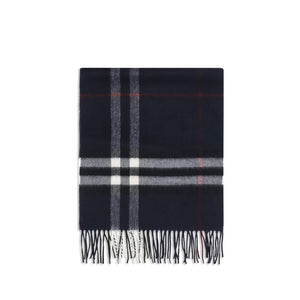 Burberry blue cashmere scarf with black, white, and red check pattern and fringed ends.