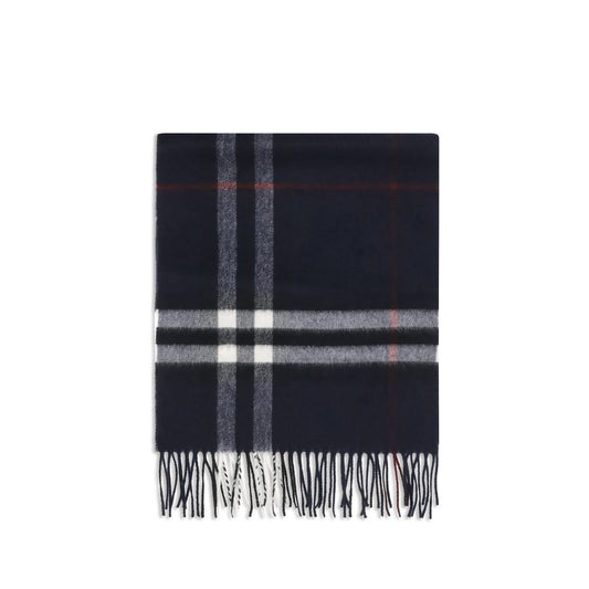 Burberry blue cashmere scarf with black, white, and red check pattern and fringed ends.