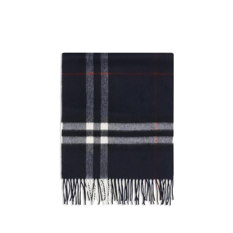 Burberry blue cashmere scarf with black, white, and red check pattern and fringed ends.
