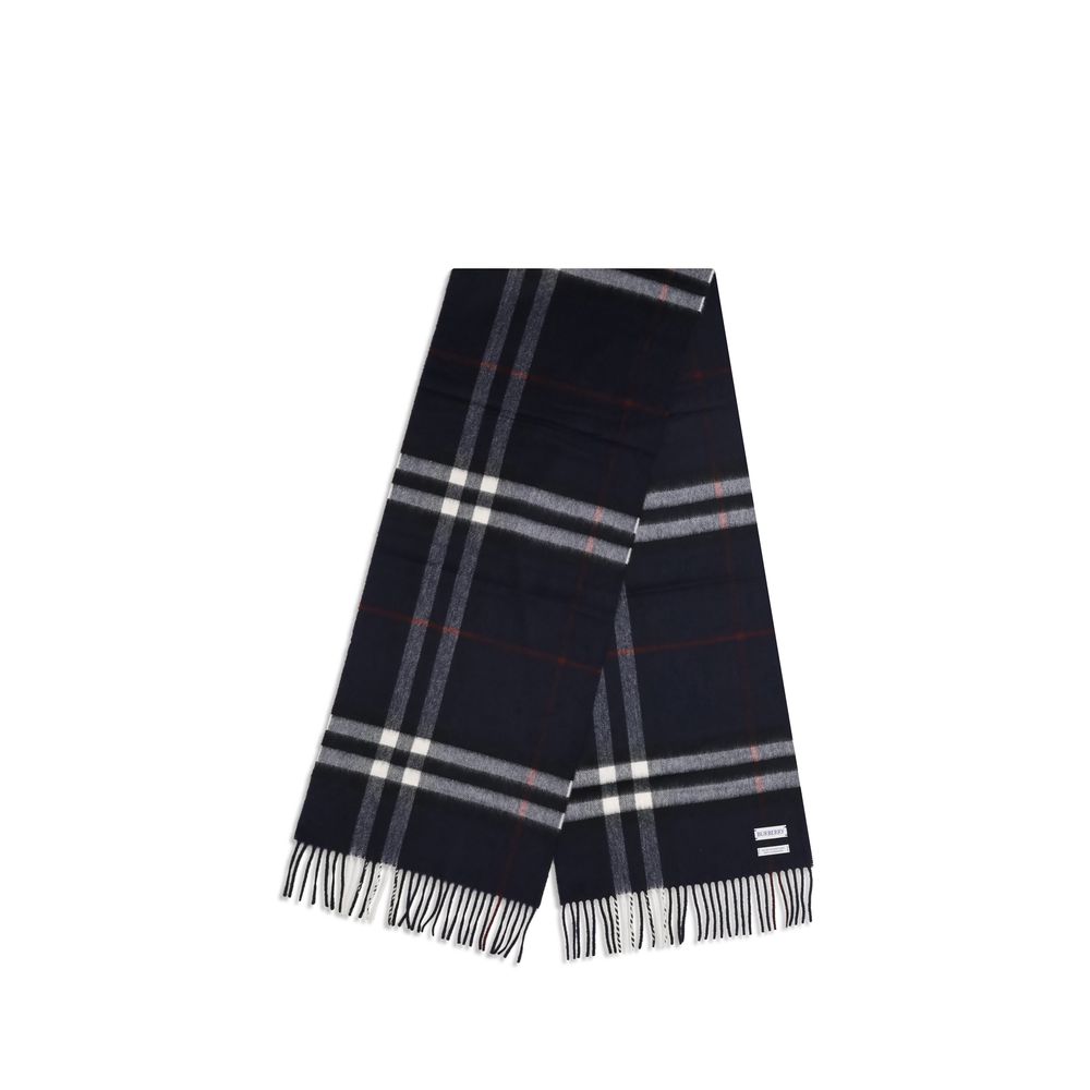 Burberry blue cashmere scarf with black, white, and red check pattern and fringed ends.