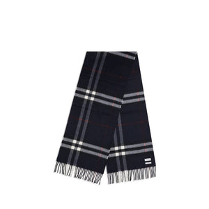 Burberry blue cashmere scarf with black, white, and red check pattern and fringed ends.