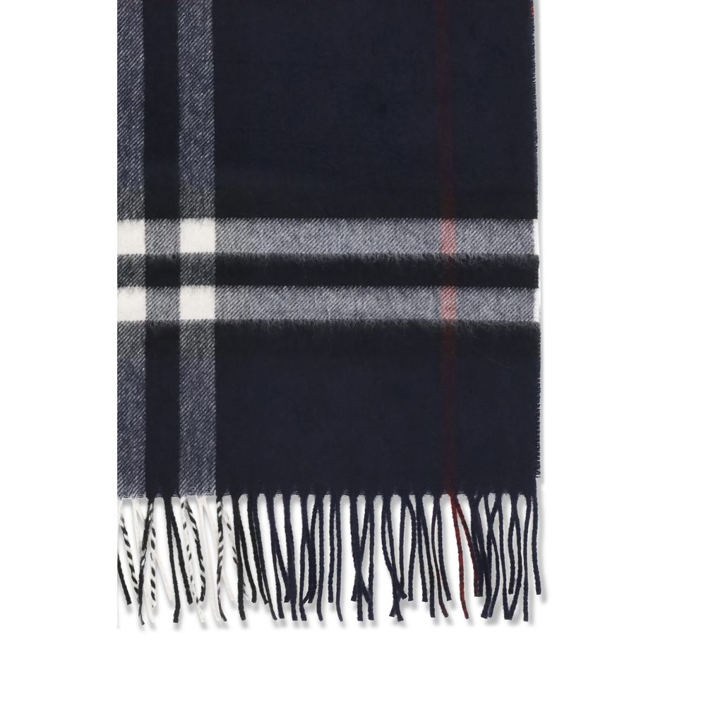 Burberry blue cashmere scarf with black, white, and red check pattern and fringed hem.