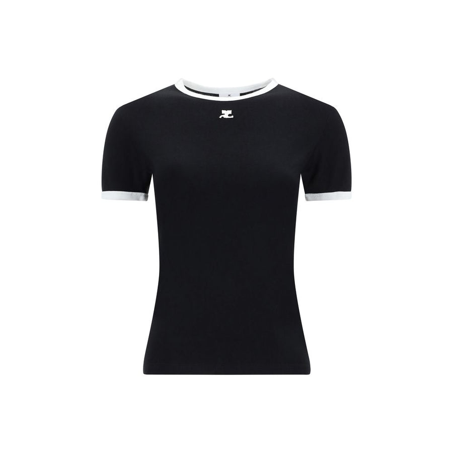 Black cotton ringer t-shirt with white trim and small chest logo on a mannequin