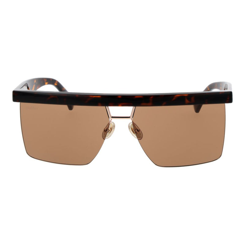 Max Mara brown tortoiseshell plastic shield sunglasses with gold metal accents
